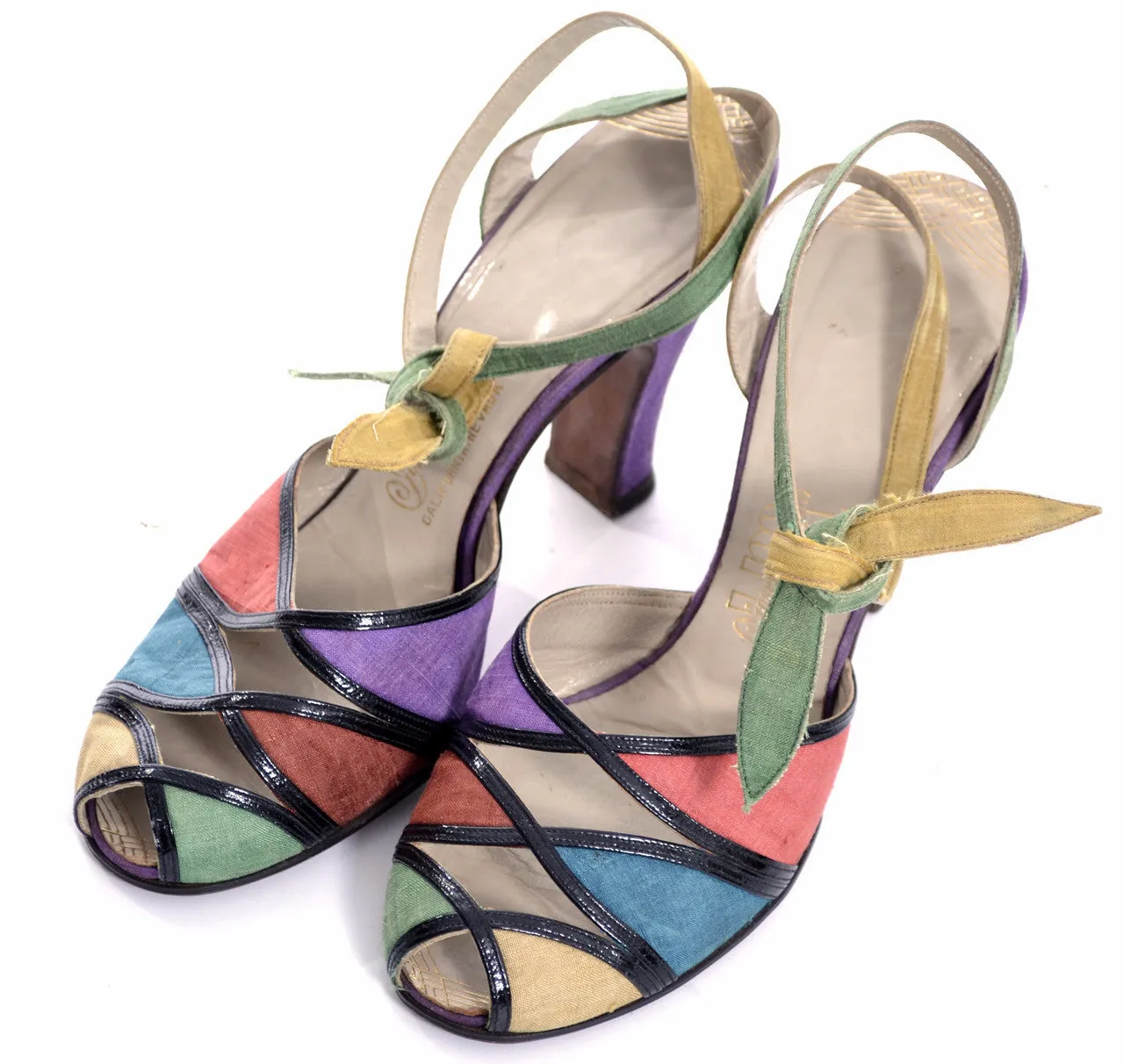 1940's Multi-Colored Peep Toe Shoes Rare Silk Ankle Strap Ties 7B