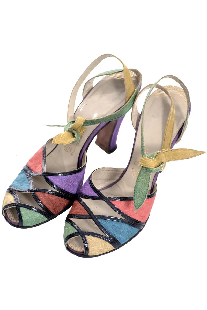 1940's Multi-Colored Peep Toe Shoes Rare Silk Ankle Strap Ties 7B