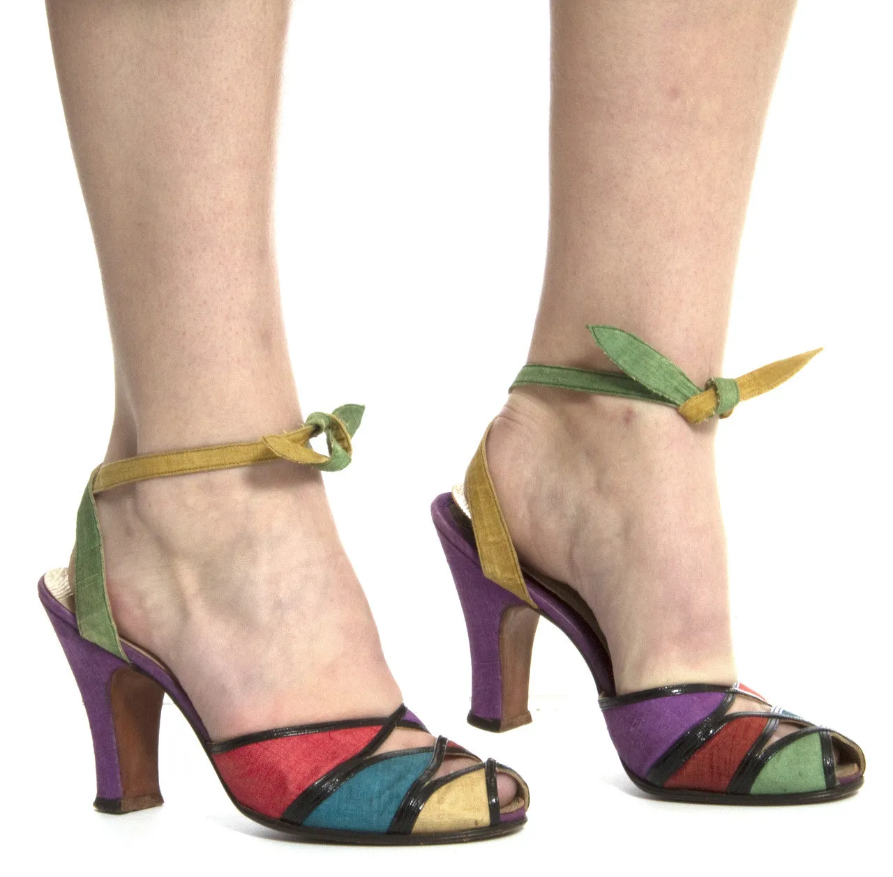 1940's Multi-Colored Peep Toe Shoes Rare Silk Ankle Strap Ties 7B