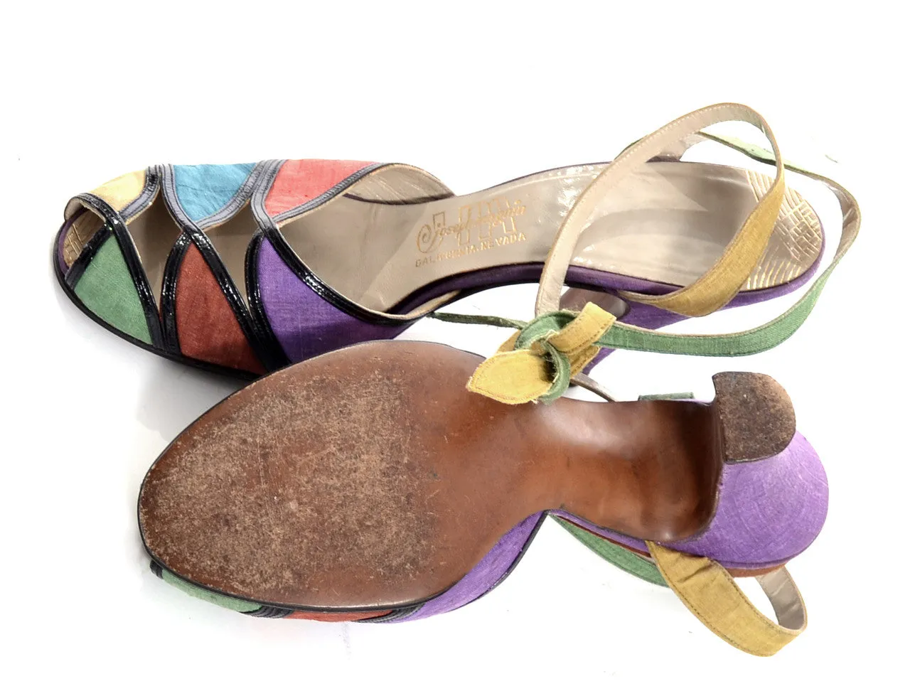 1940's Multi-Colored Peep Toe Shoes Rare Silk Ankle Strap Ties 7B