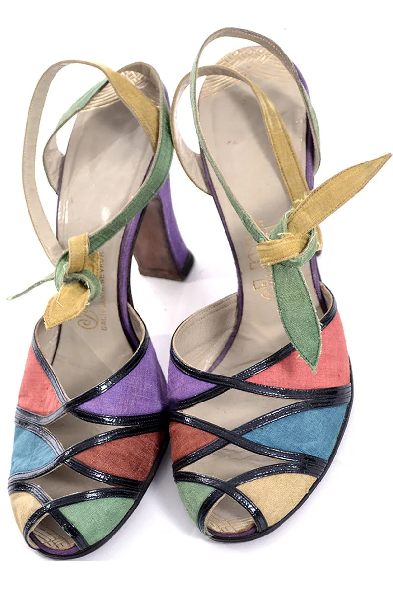 1940's Multi-Colored Peep Toe Shoes Rare Silk Ankle Strap Ties 7B