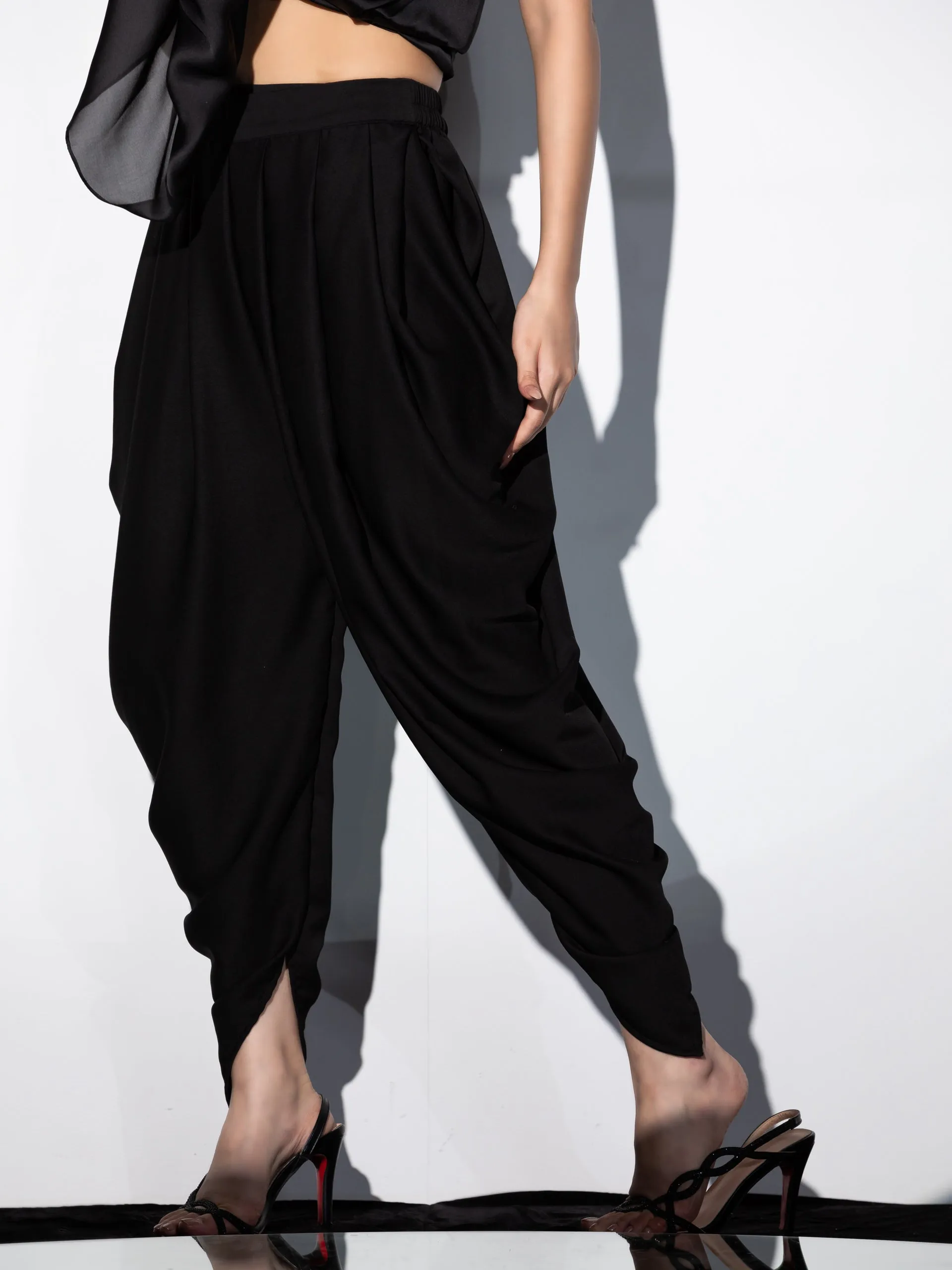 2pcs. Set | Black Satin Top with Stretch & beads with Dhoti Pants