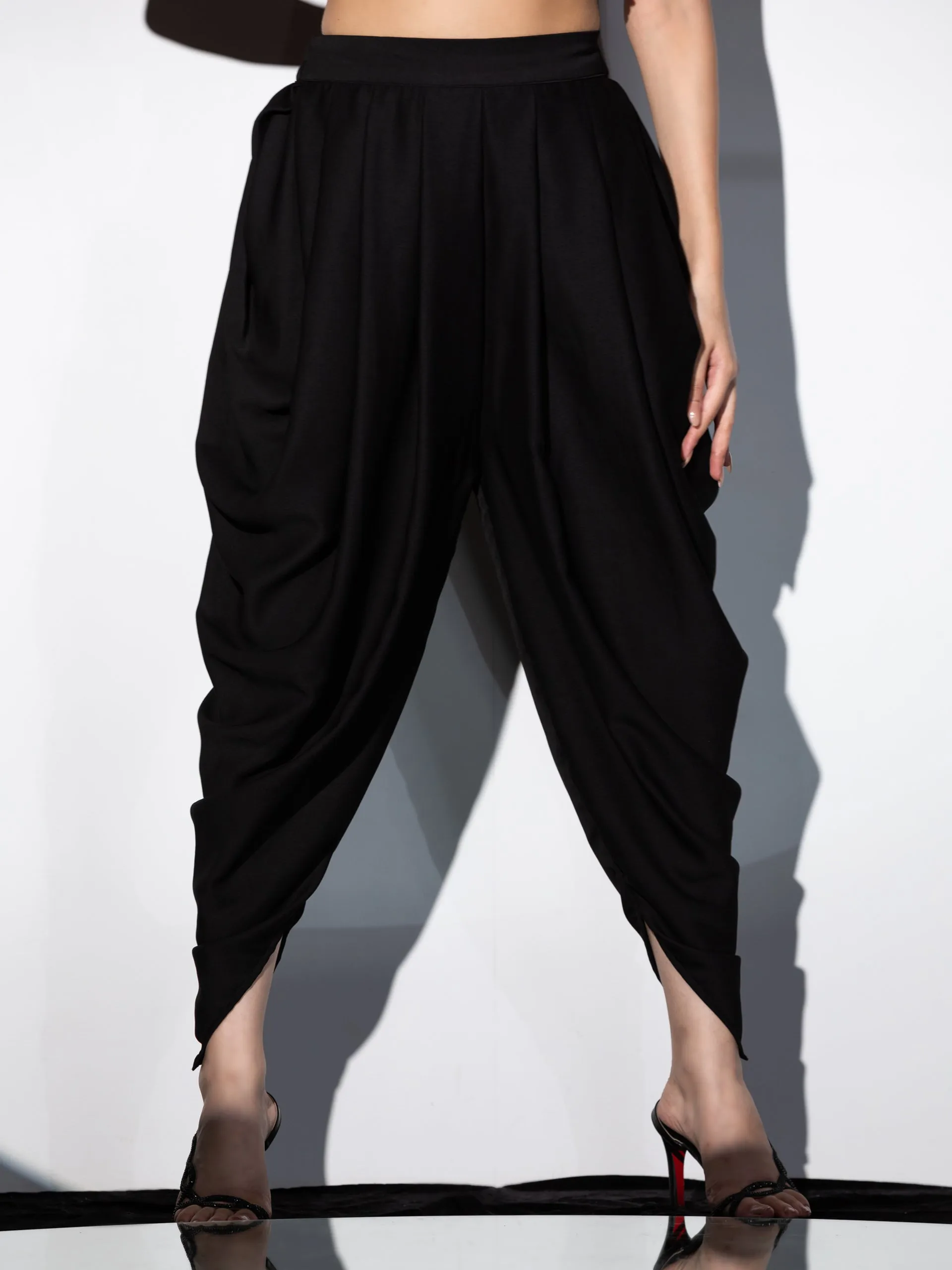 2pcs. Set | Black Satin Top with Stretch & beads with Dhoti Pants