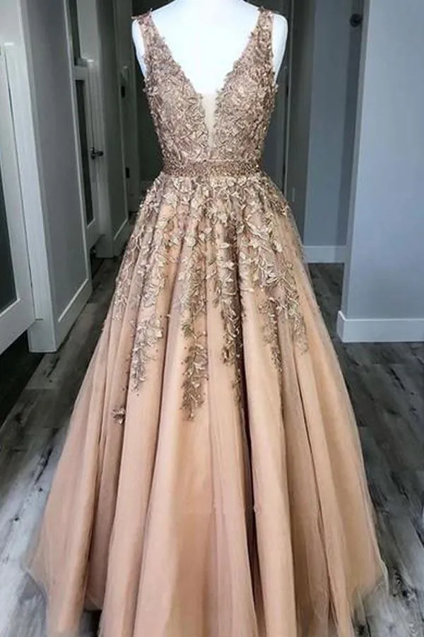 A-line V Neck Open Back Gold Lace Long Prom Dresses with Beading PG849