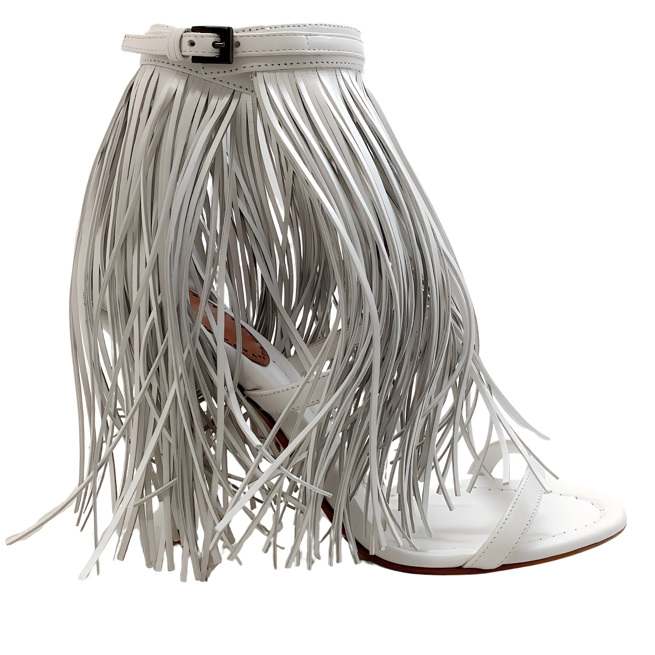 Alaia White Leather Maxi Fringe Sandals with Ankle Strap