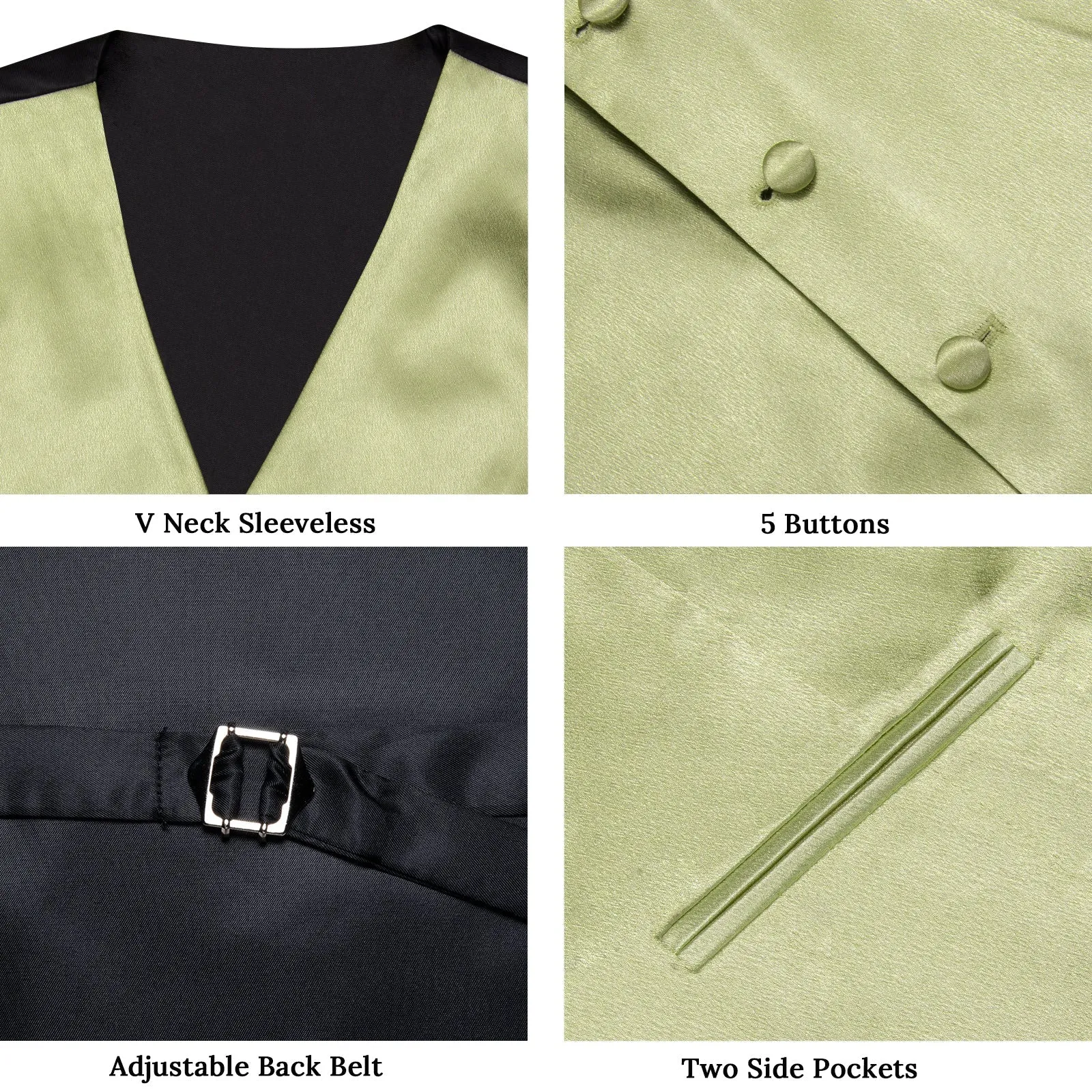 Avocado Green Solid Shining Silk Formal Men's Vest Hanky Cufflinks Tie Set