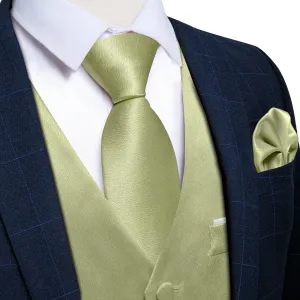 Avocado Green Solid Shining Silk Formal Men's Vest Hanky Cufflinks Tie Set