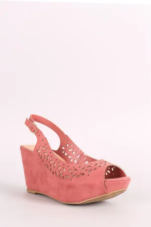 Bamboo Suede Perforated Peep Toe Slingback Platform Wedge