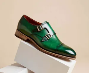 Bespoke Green Leather Monk Strap Shoe for Men