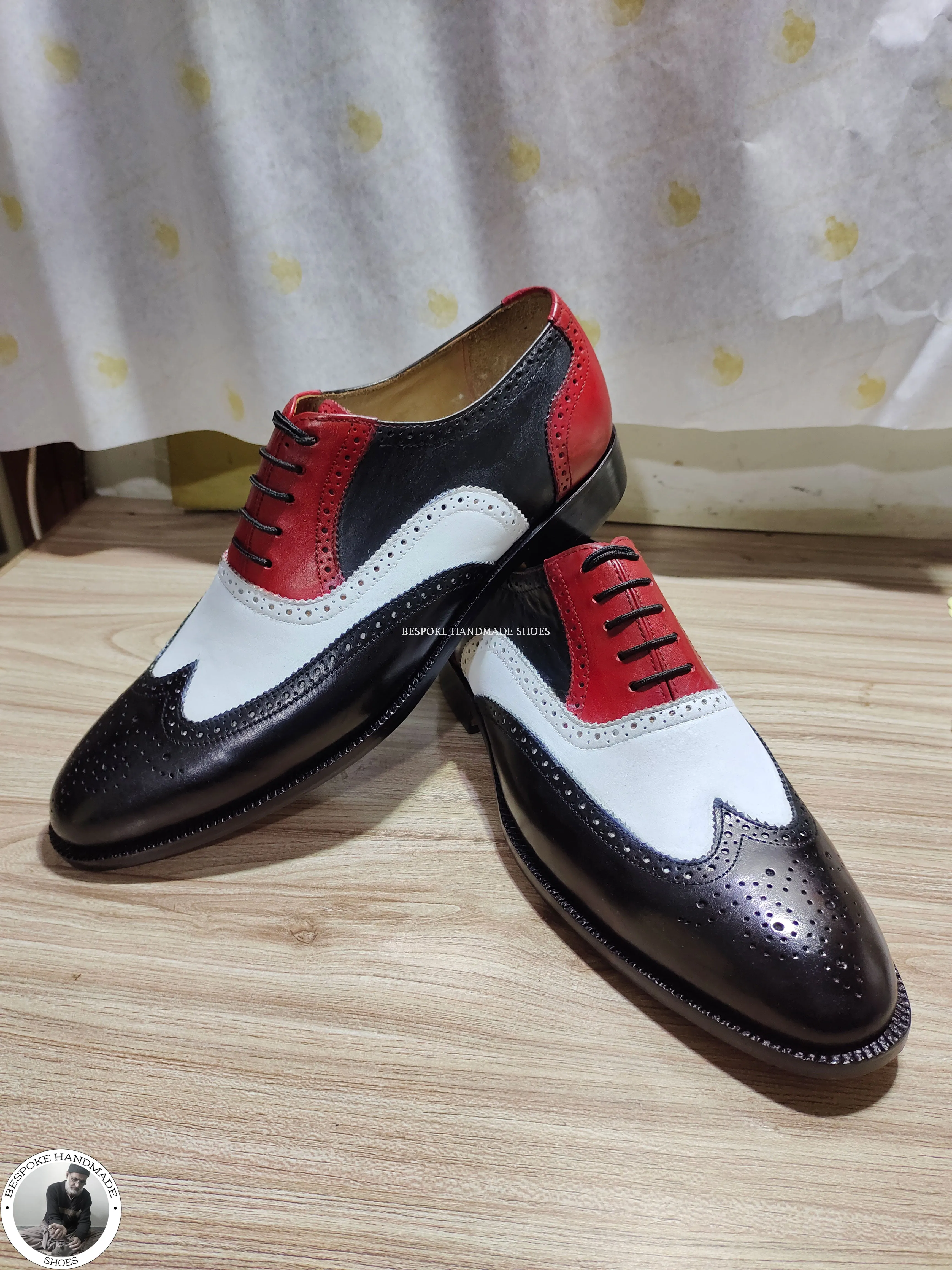 Bespoke Handmade Men’s Three Tone Wingtip Oxford Brogue Lace up Dress / Formal Shoes