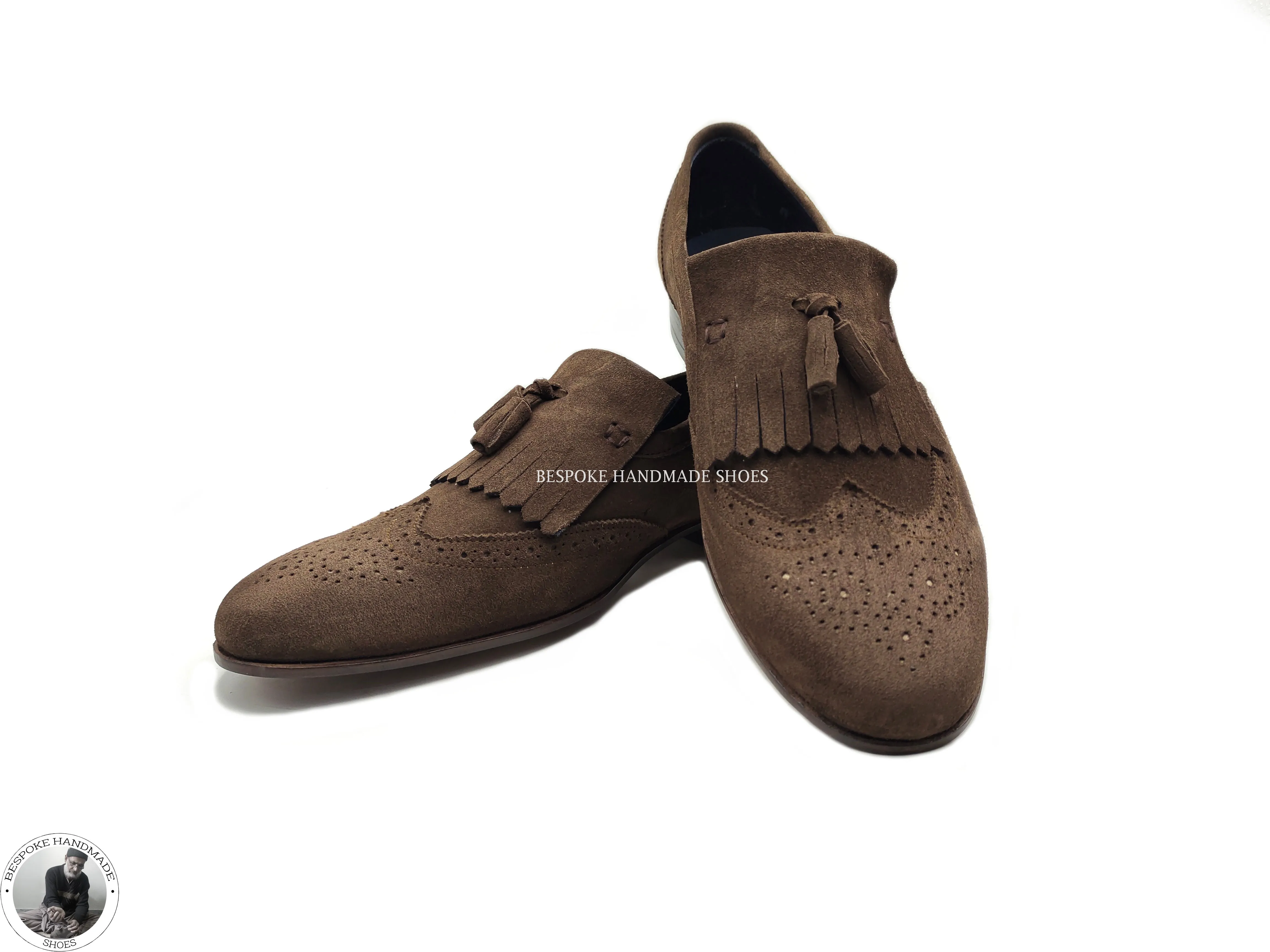 Bespoke Men's, Real Brown Suede Wingtip Brogue Slip on Leather Tassels Unique Shoes