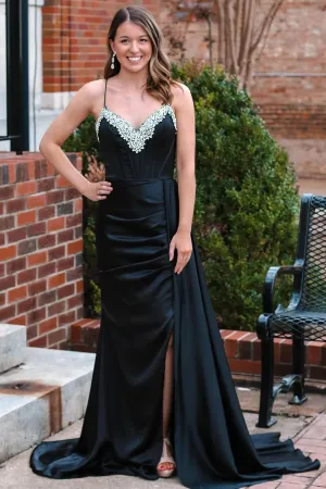 Black Beading V-Neck Long Prom Dress with Attached Train PSK482