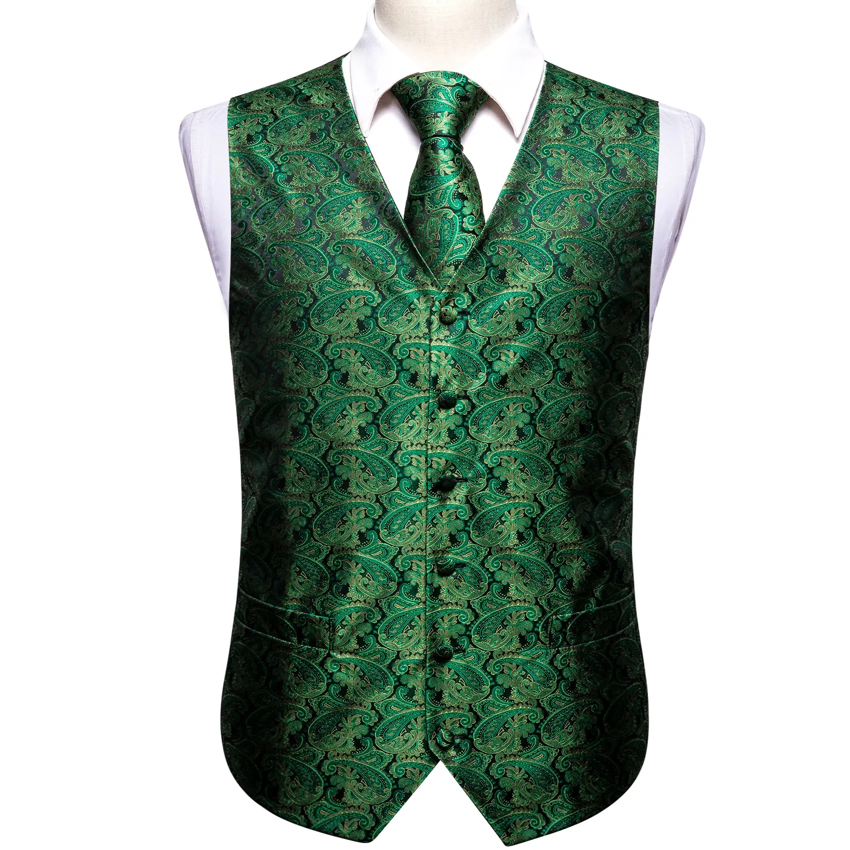 Black Green Paisley Jacquard Silk Men's Vest Hanky Cufflinks Tie Set