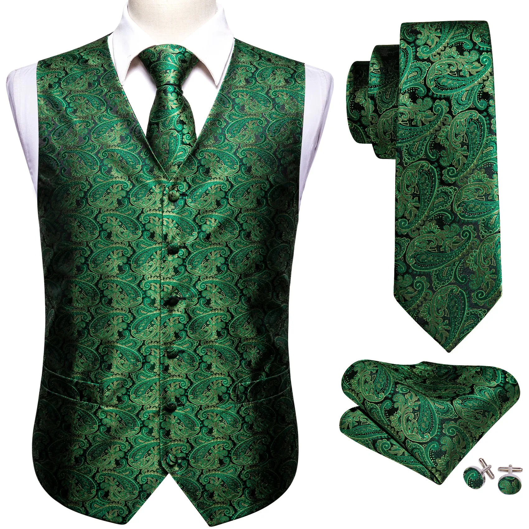 Black Green Paisley Jacquard Silk Men's Vest Hanky Cufflinks Tie Set