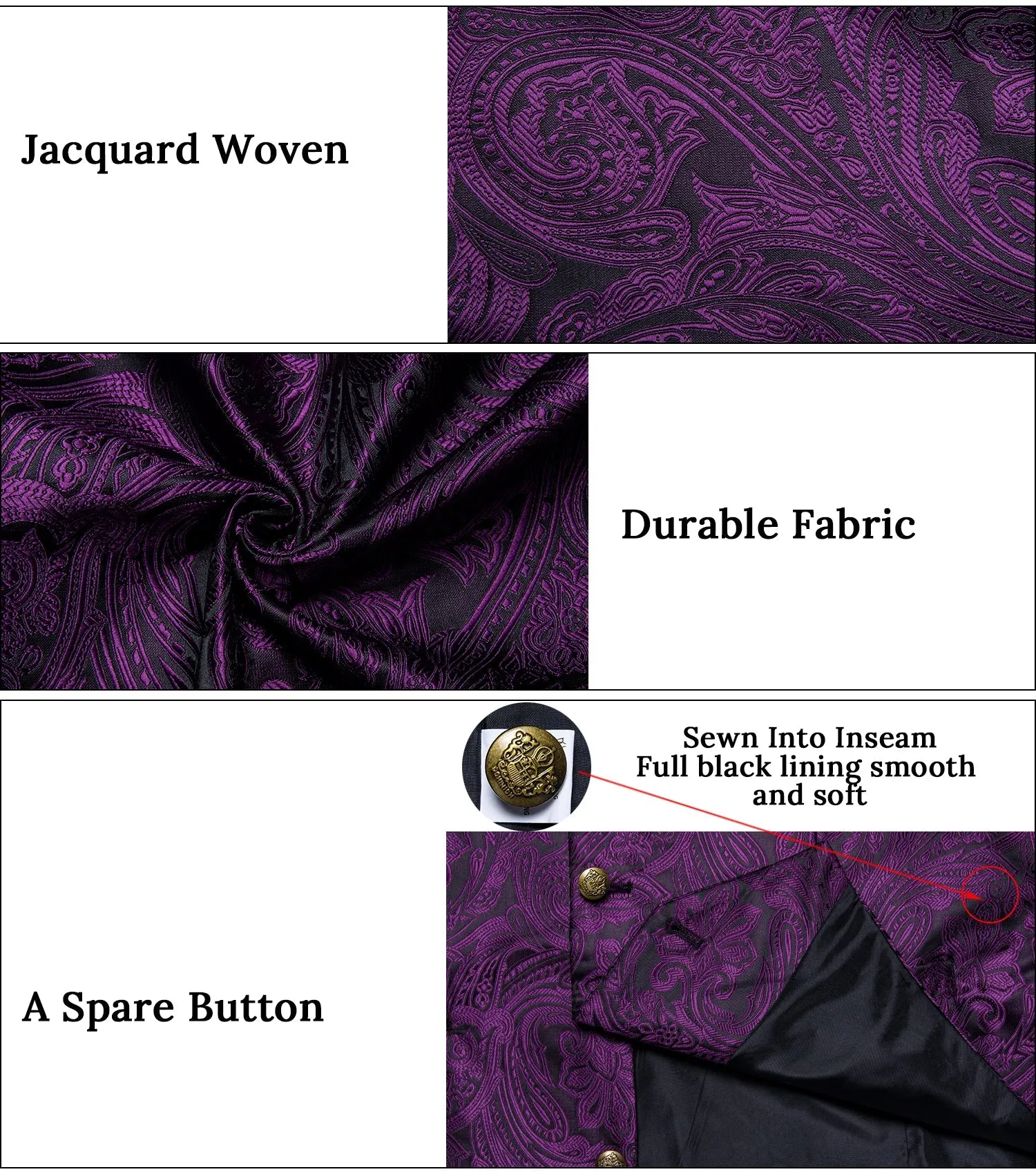 Black Purple Luxury Paisley Jacquard Men's Collar Vest Tie Hanky Cufflinks Suit Set