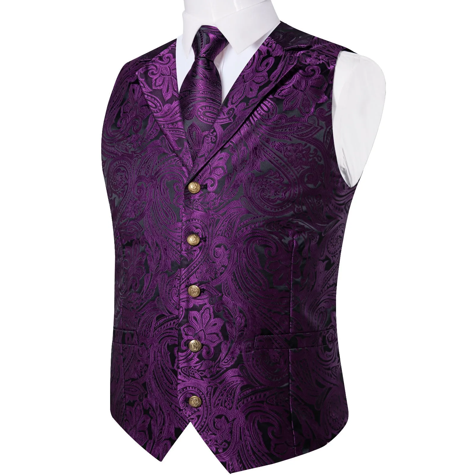 Black Purple Luxury Paisley Jacquard Men's Collar Vest Tie Hanky Cufflinks Suit Set