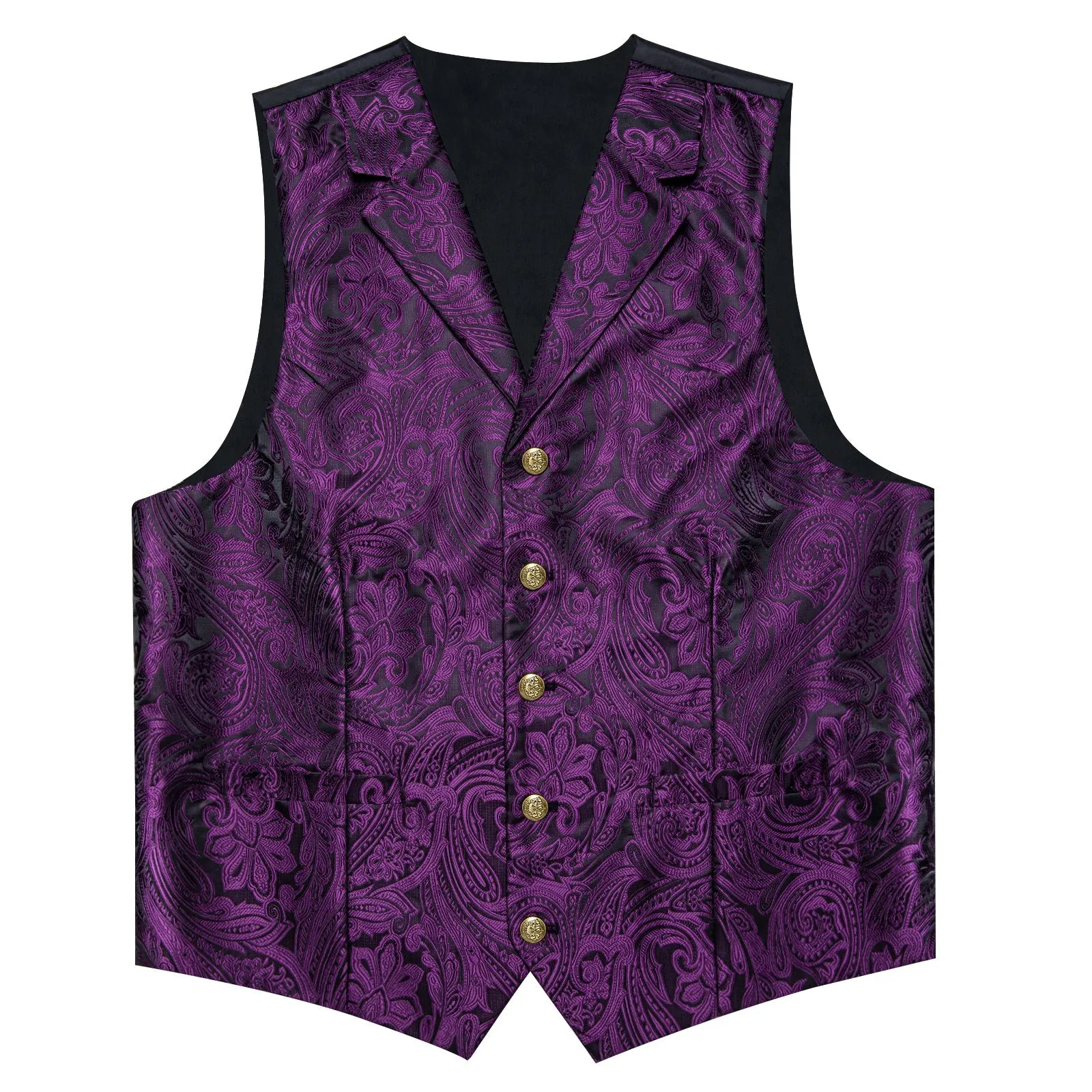 Black Purple Luxury Paisley Jacquard Men's Collar Vest Tie Hanky Cufflinks Suit Set