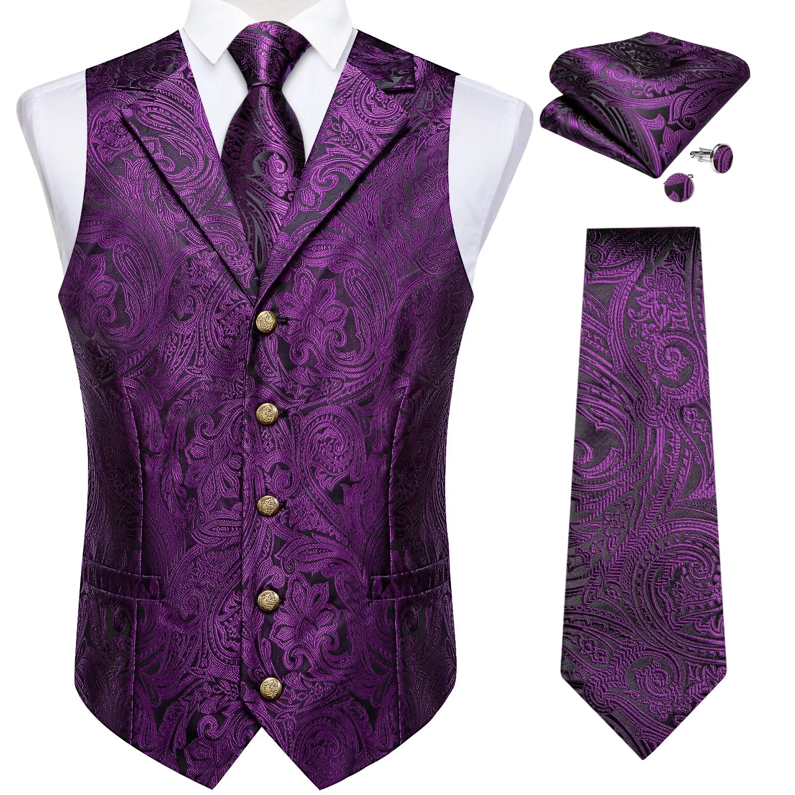 Black Purple Luxury Paisley Jacquard Men's Collar Vest Tie Hanky Cufflinks Suit Set