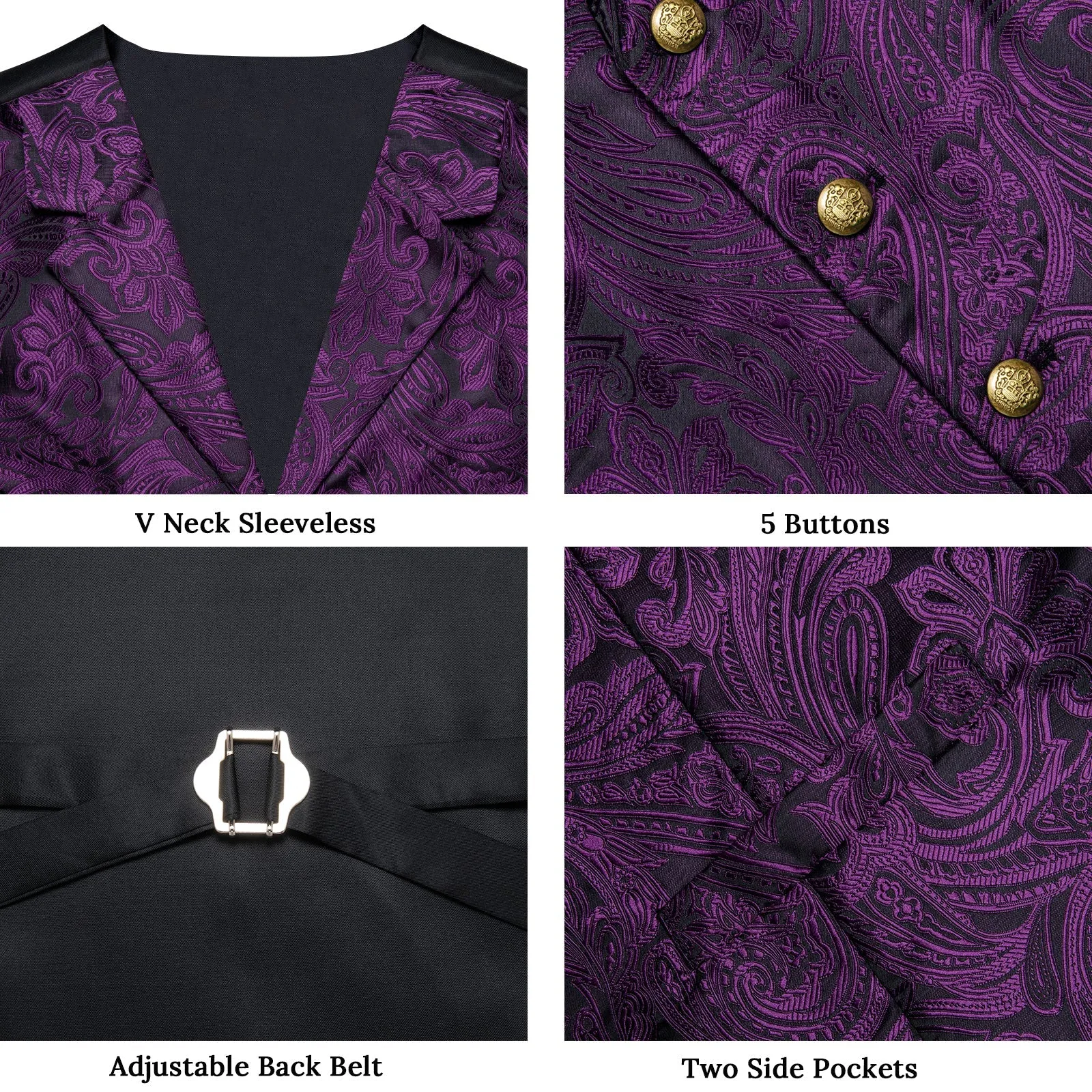 Black Purple Luxury Paisley Jacquard Men's Collar Vest Tie Hanky Cufflinks Suit Set