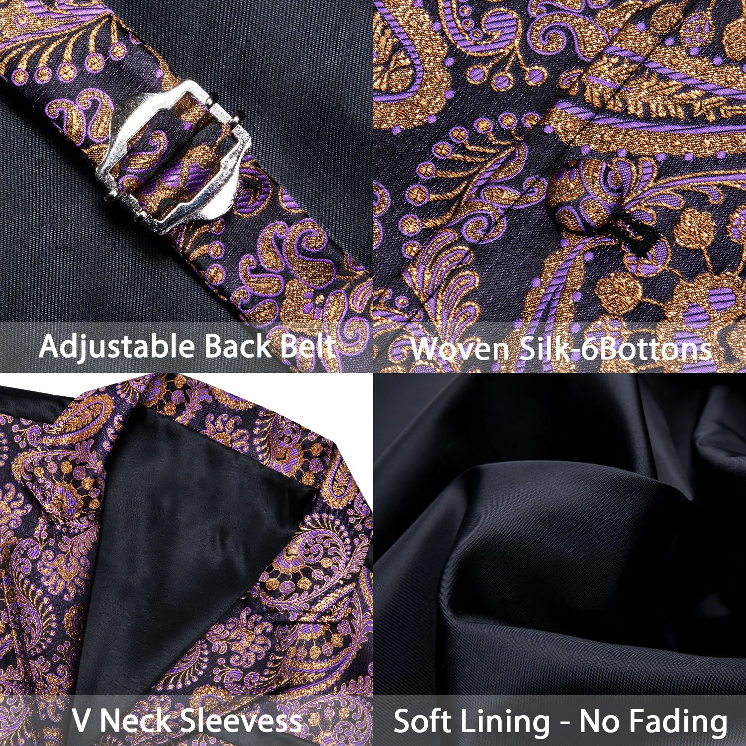 Black Purple Paisley Jacquard Men's Collar Victorian Suit Vest