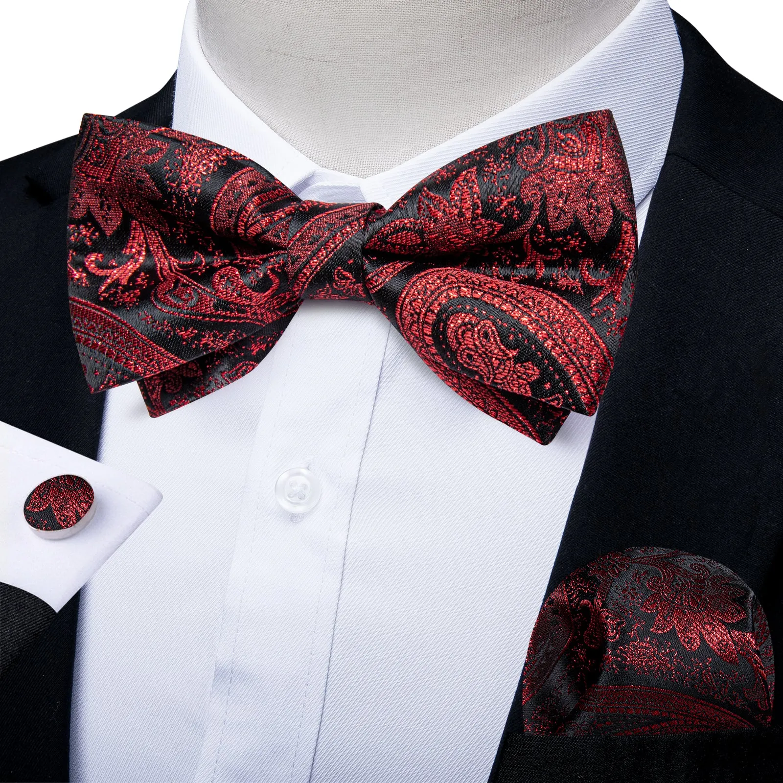 Black Red Paisley Jacquard Silk Men's Collar Vest Bow Tie Handkerchief Cufflinks Set