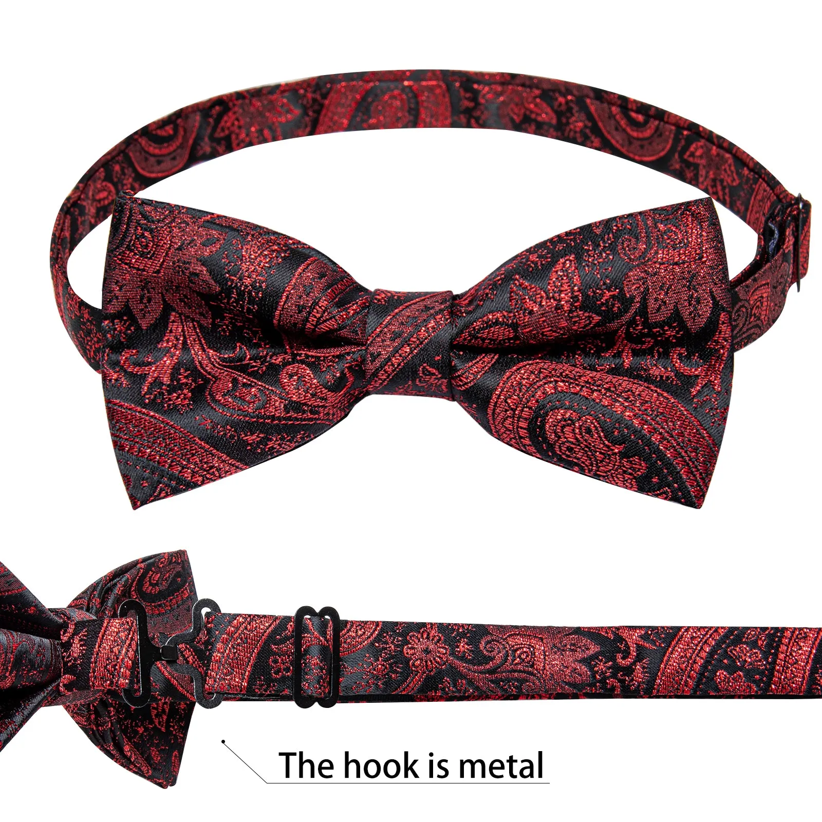 Black Red Paisley Jacquard Silk Men's Collar Vest Bow Tie Handkerchief Cufflinks Set