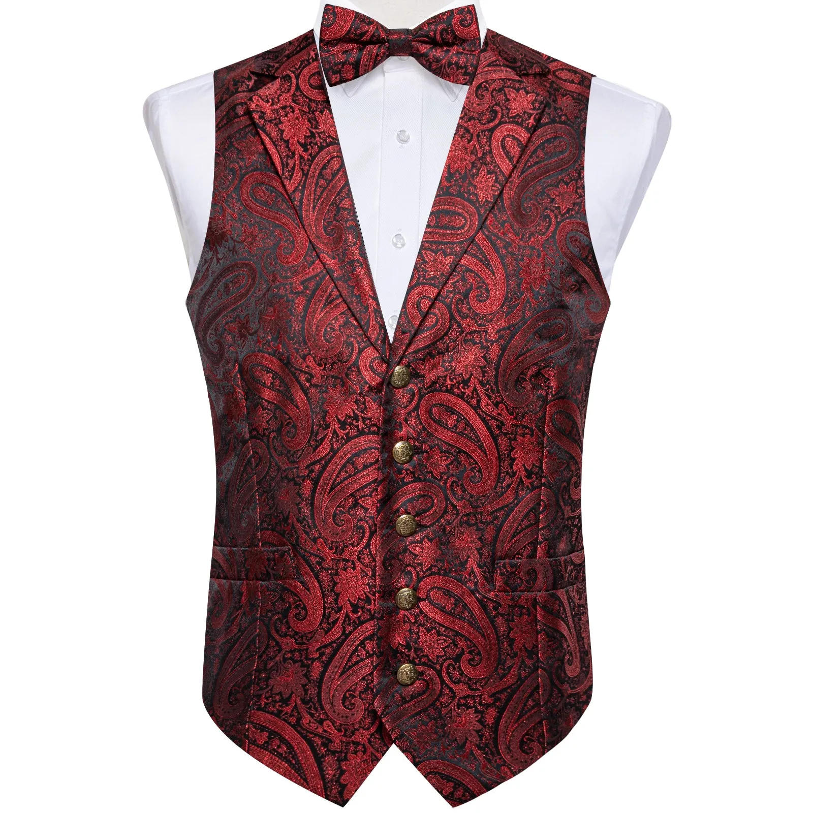 Black Red Paisley Jacquard Silk Men's Collar Vest Bow Tie Handkerchief Cufflinks Set