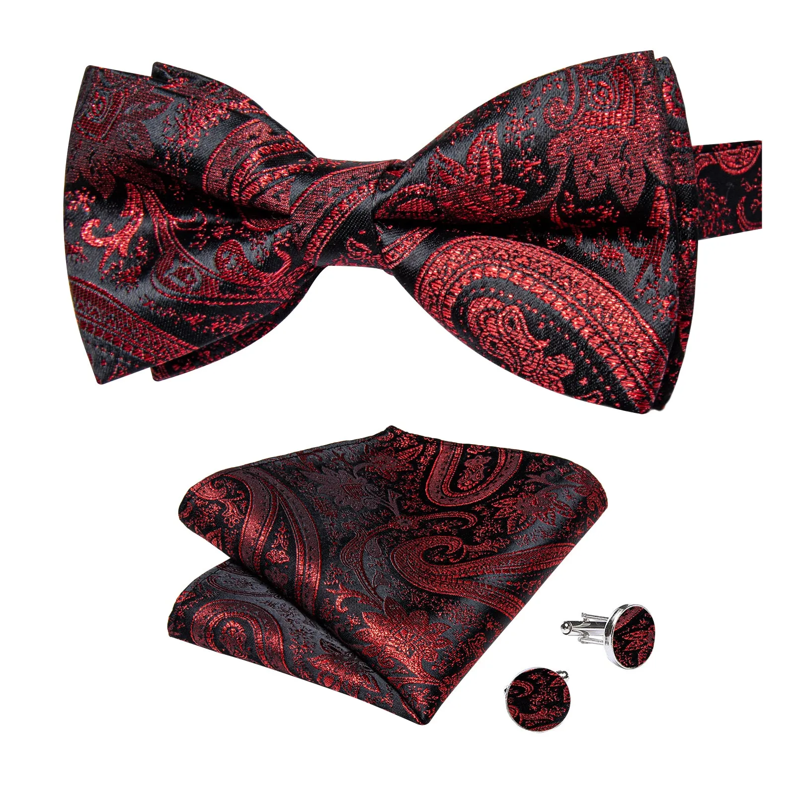 Black Red Paisley Jacquard Silk Men's Collar Vest Bow Tie Handkerchief Cufflinks Set