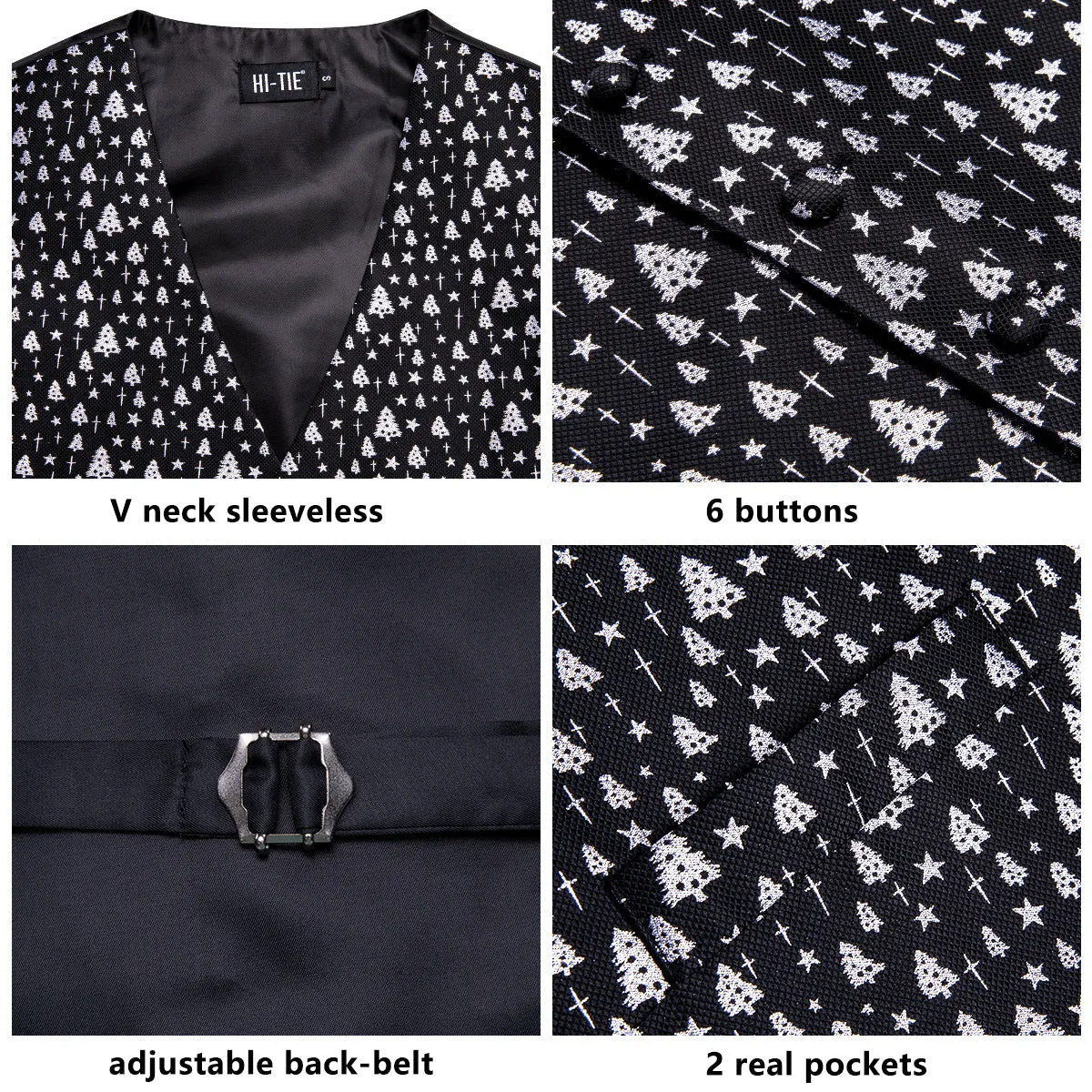 Black White Tree Christmas Novelty Jacquard Silk Men's Vest Hanky Cufflinks Tie Set