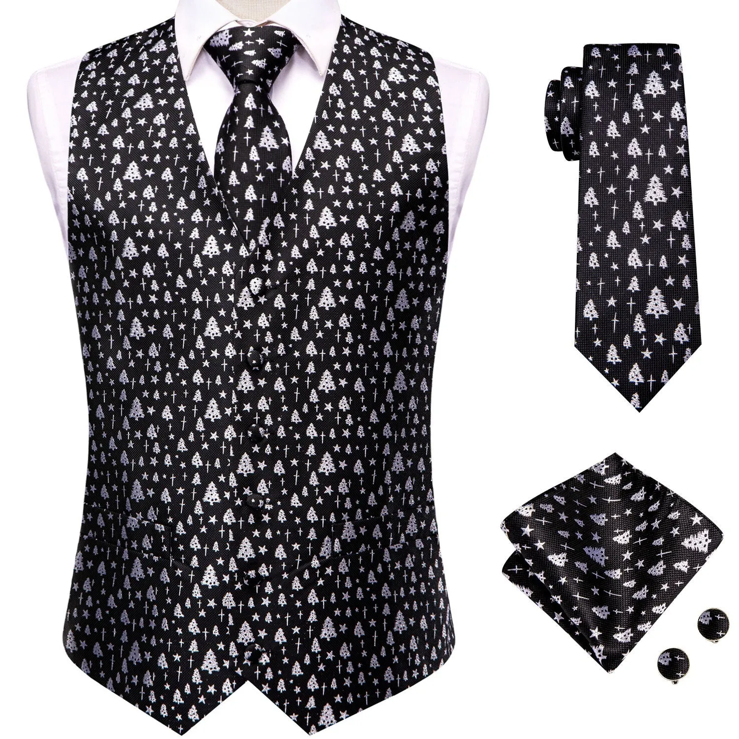 Black White Tree Christmas Novelty Jacquard Silk Men's Vest Hanky Cufflinks Tie Set