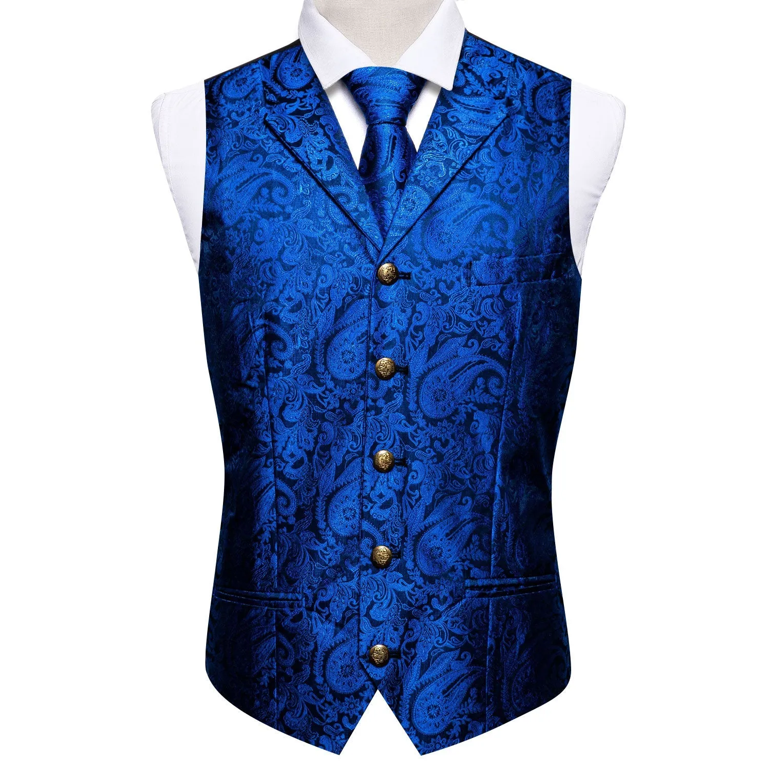 Blue Paisley Metal Button Jacquard Silk Men's Vest Hanky Cufflinks Tie Set