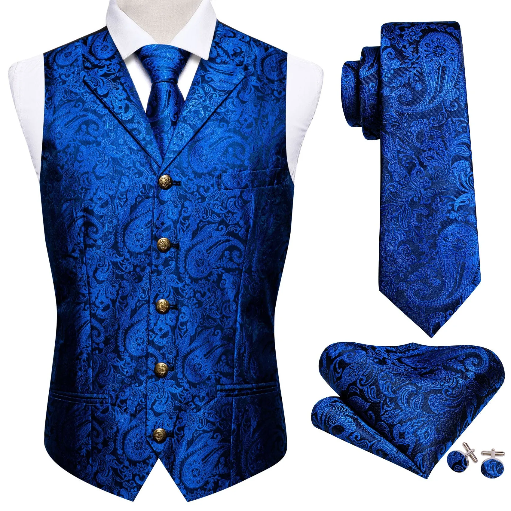 Blue Paisley Metal Button Jacquard Silk Men's Vest Hanky Cufflinks Tie Set