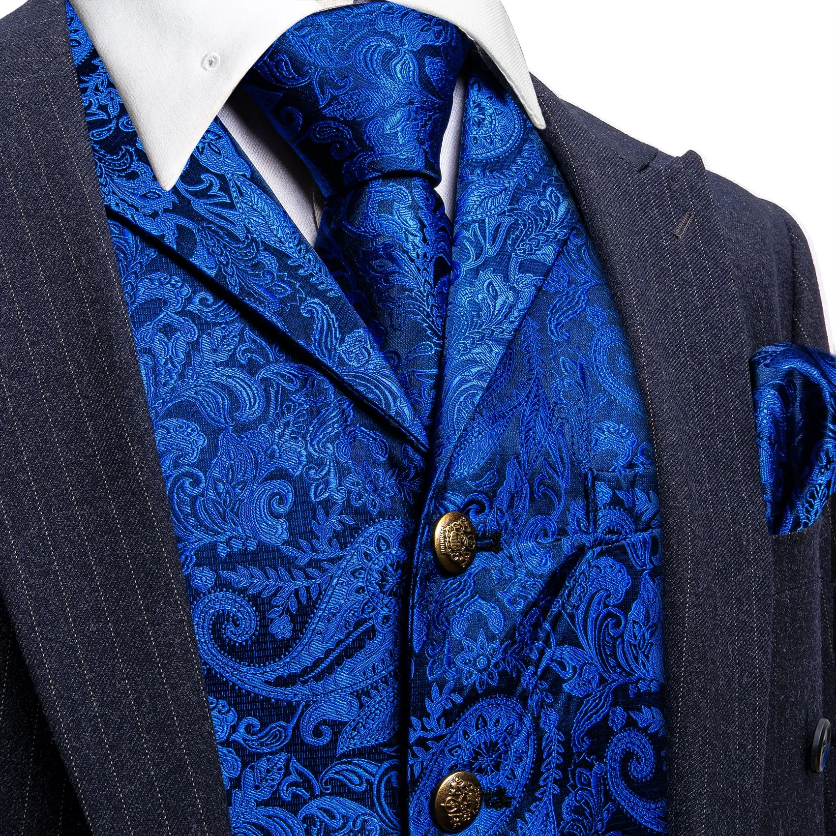 Blue Paisley Metal Button Jacquard Silk Men's Vest Hanky Cufflinks Tie Set