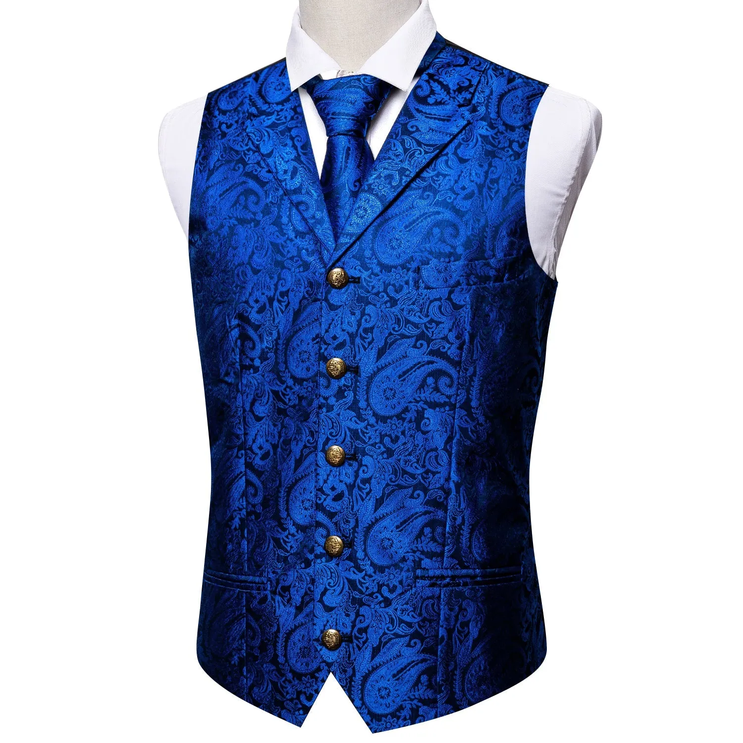 Blue Paisley Metal Button Jacquard Silk Men's Vest Hanky Cufflinks Tie Set