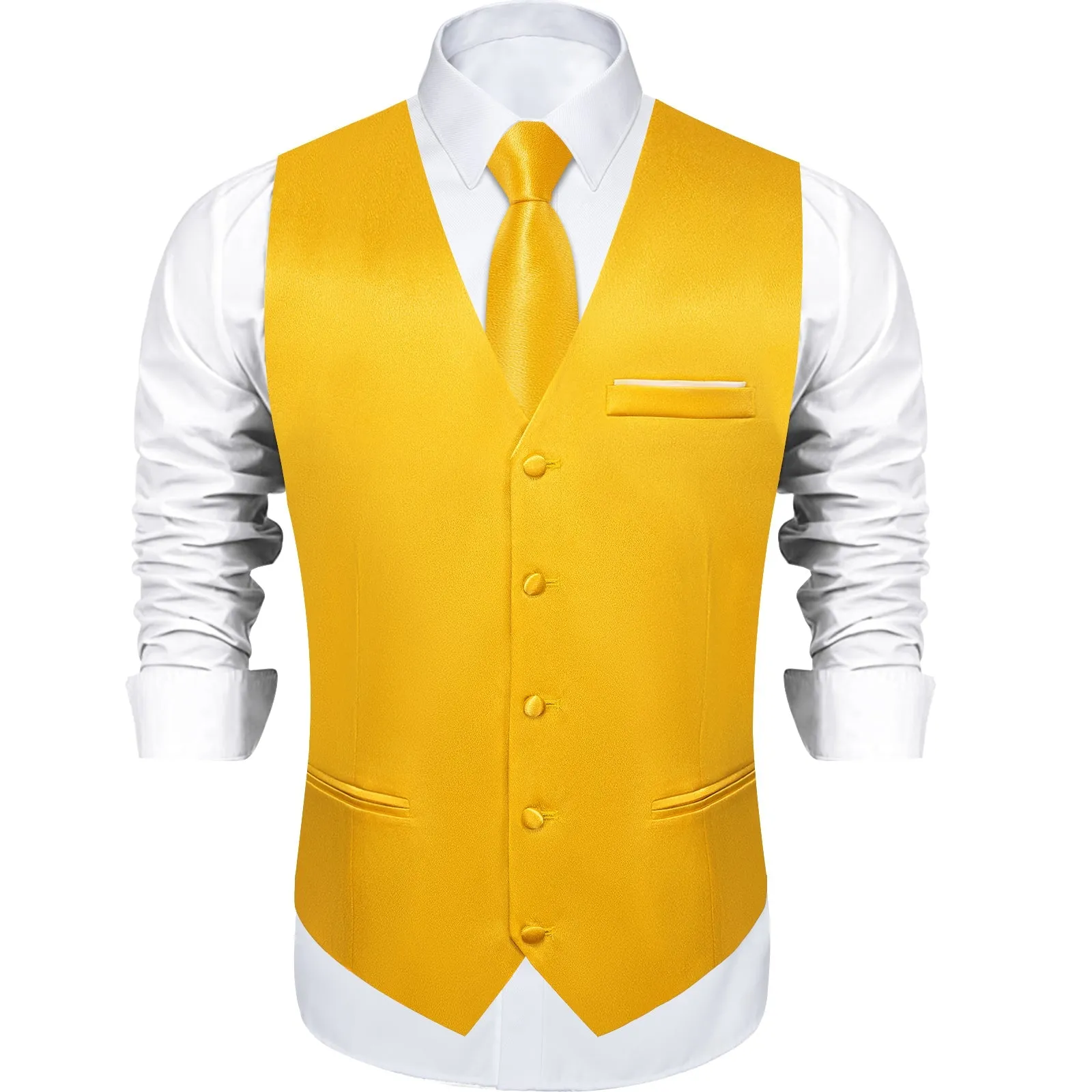 Brilliant Yellow Solid Shining Silk Formal Men's Vest Hanky Cufflinks Tie Set