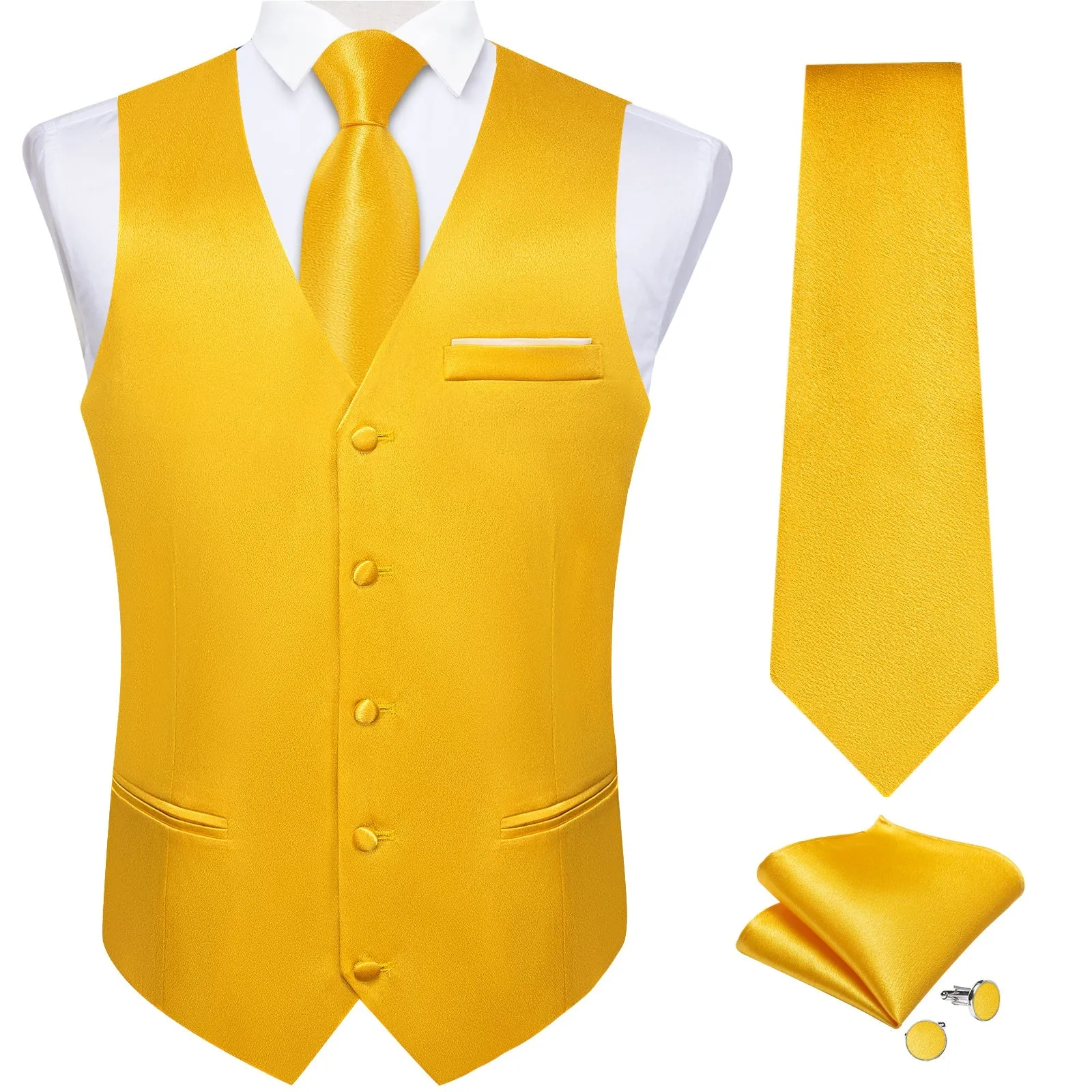 Brilliant Yellow Solid Shining Silk Formal Men's Vest Hanky Cufflinks Tie Set