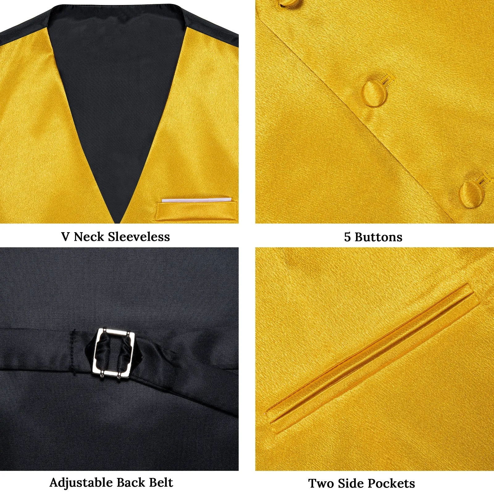 Brilliant Yellow Solid Shining Silk Formal Men's Vest Hanky Cufflinks Tie Set