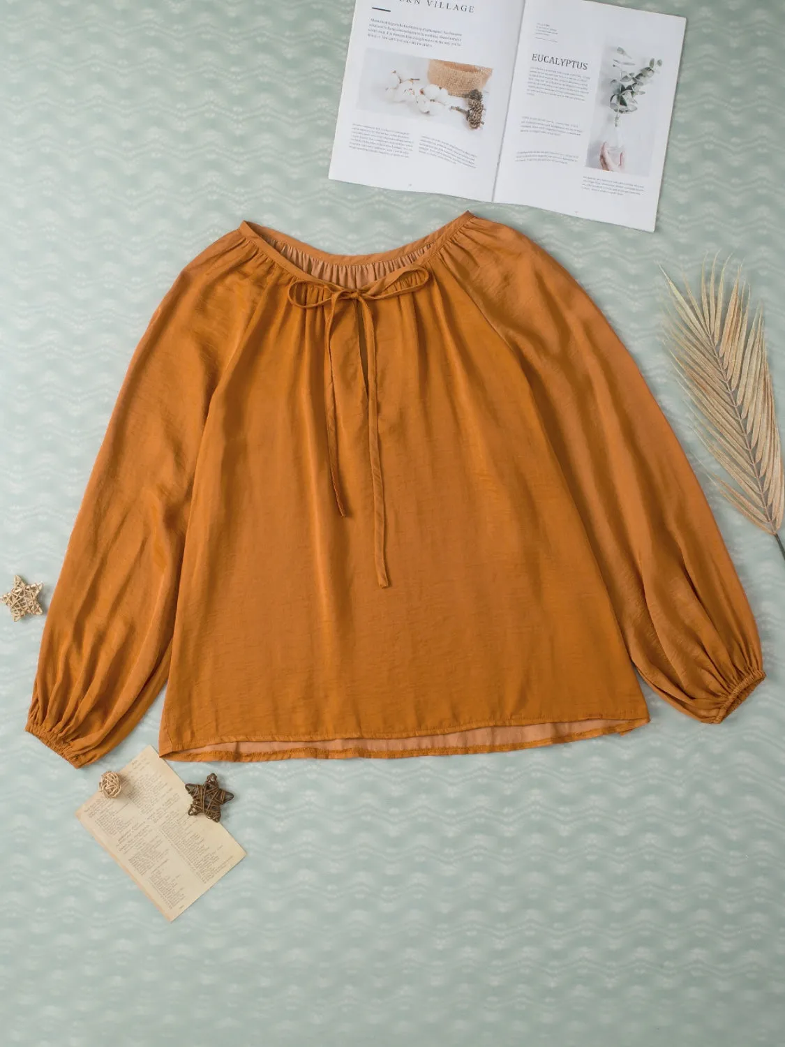 Caramel Balloon Sleeve Blouse with Tie Neck Career Casual