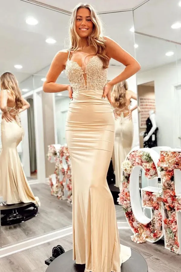 Champagne Spaghetti Straps Corset Back Long Prom Dress PSK518