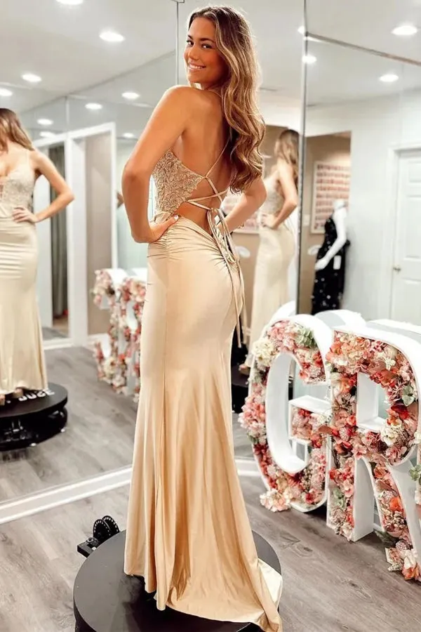 Champagne Spaghetti Straps Corset Back Long Prom Dress PSK518