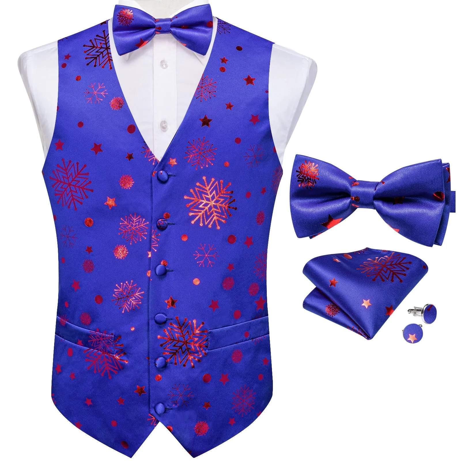 Christmas Blue Red Pattern Novelty Jacquard Silk Men's Vest Bow Tie Handkerchief Cufflinks Set Waistcoat Suit Set