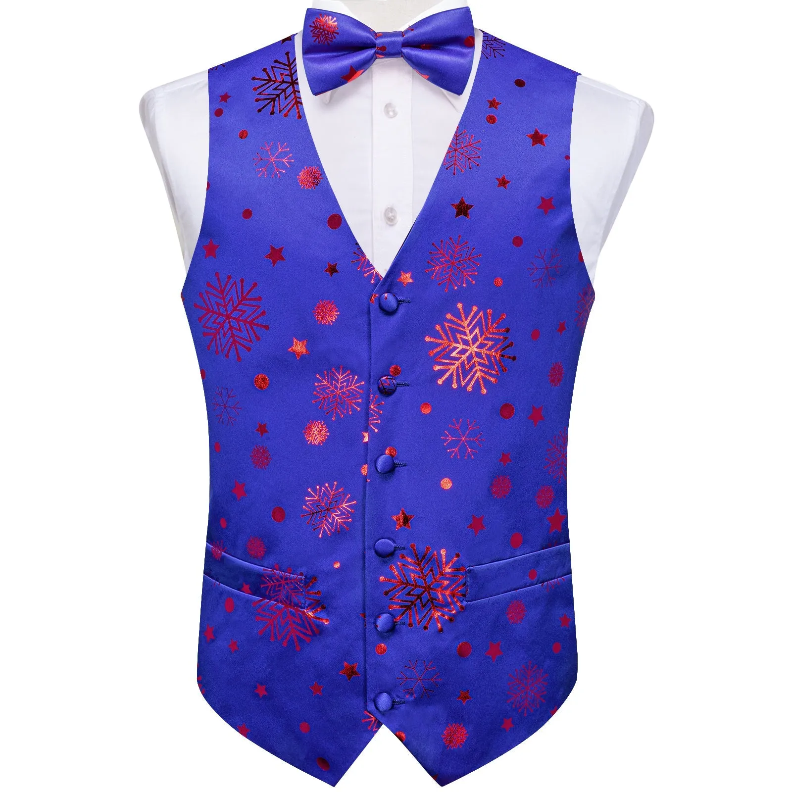 Christmas Blue Red Pattern Novelty Jacquard Silk Men's Vest Bow Tie Handkerchief Cufflinks Set Waistcoat Suit Set