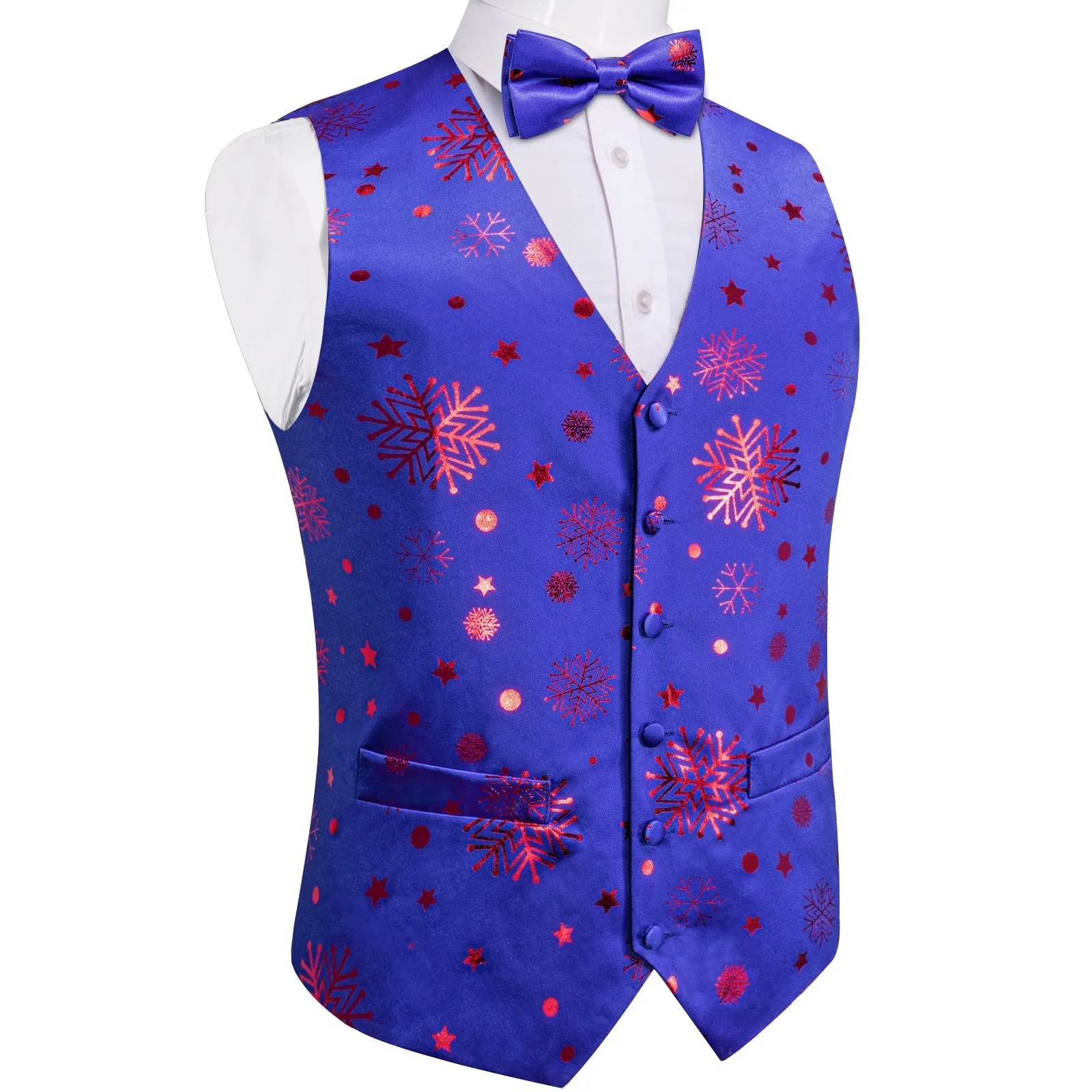 Christmas Blue Red Pattern Novelty Jacquard Silk Men's Vest Bow Tie Handkerchief Cufflinks Set Waistcoat Suit Set