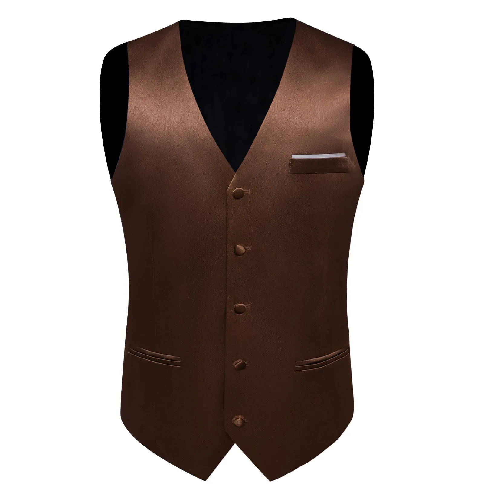 Classic Brown Solid Shining Silk Men Vest Necktie Bow Tie Handkerchief Cufflinks Set