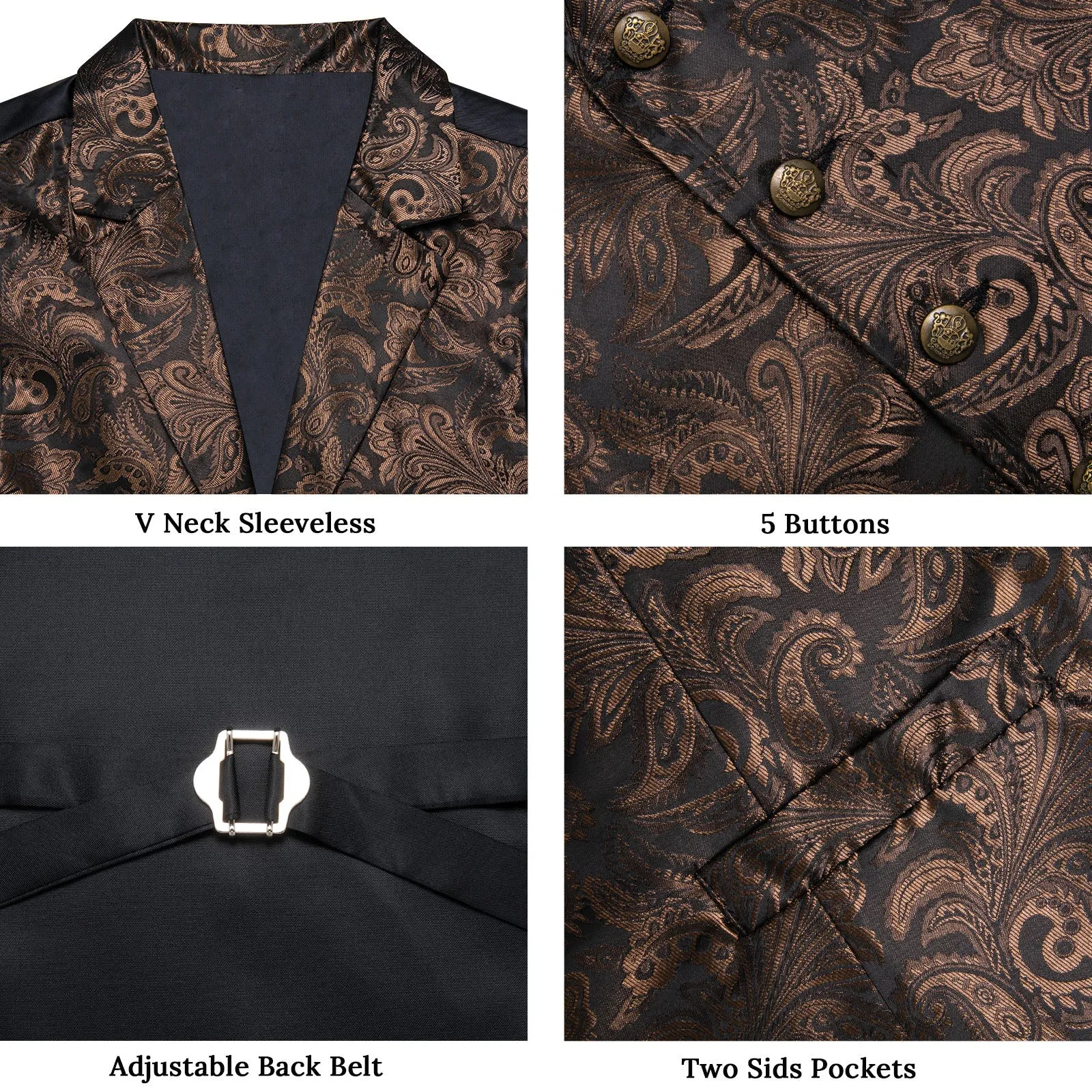 Dark Brown Paisley Men's Collar Vest Tie Hanky Cufflinks Set Waistcoat Suit Set