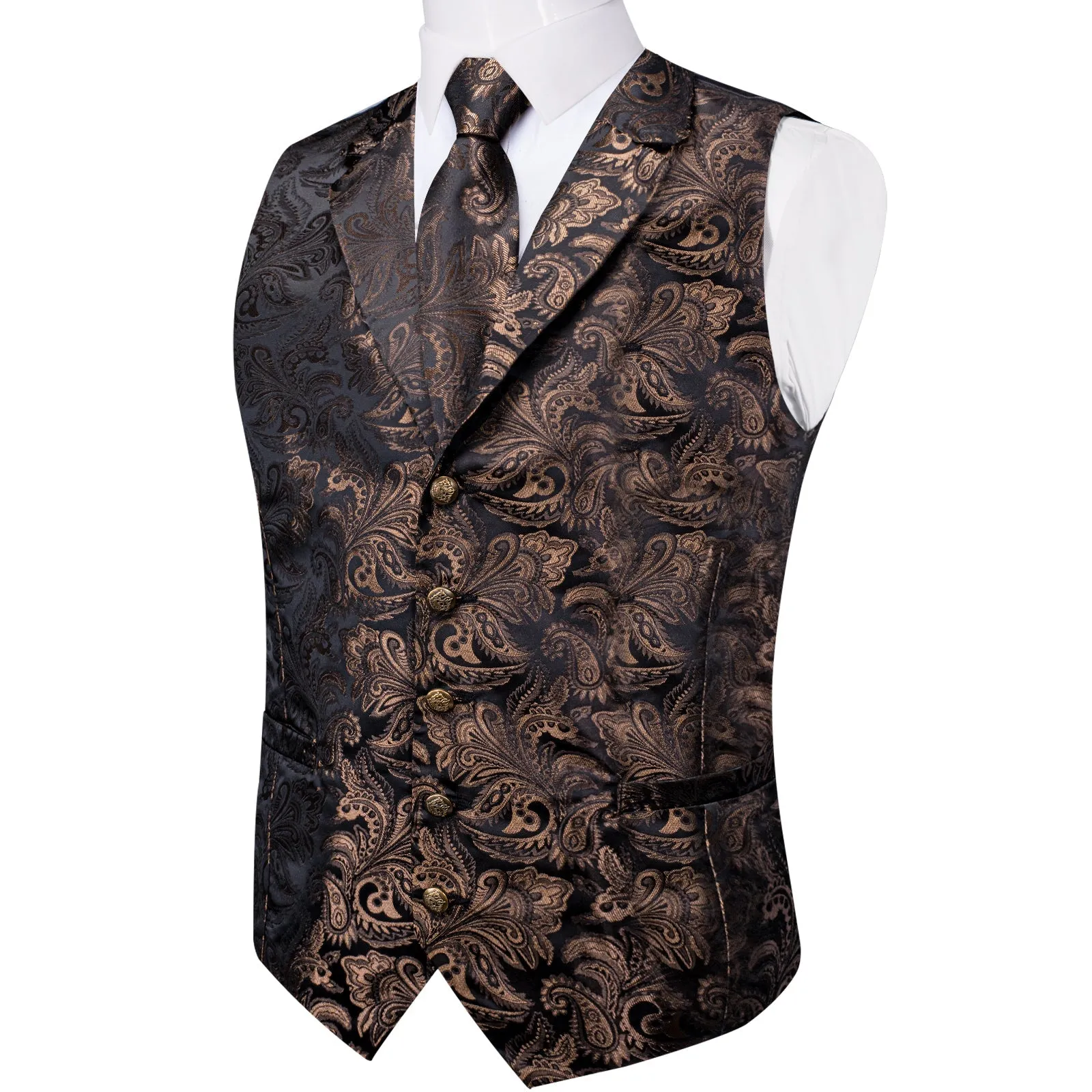 Dark Brown Paisley Men's Collar Vest Tie Hanky Cufflinks Set Waistcoat Suit Set