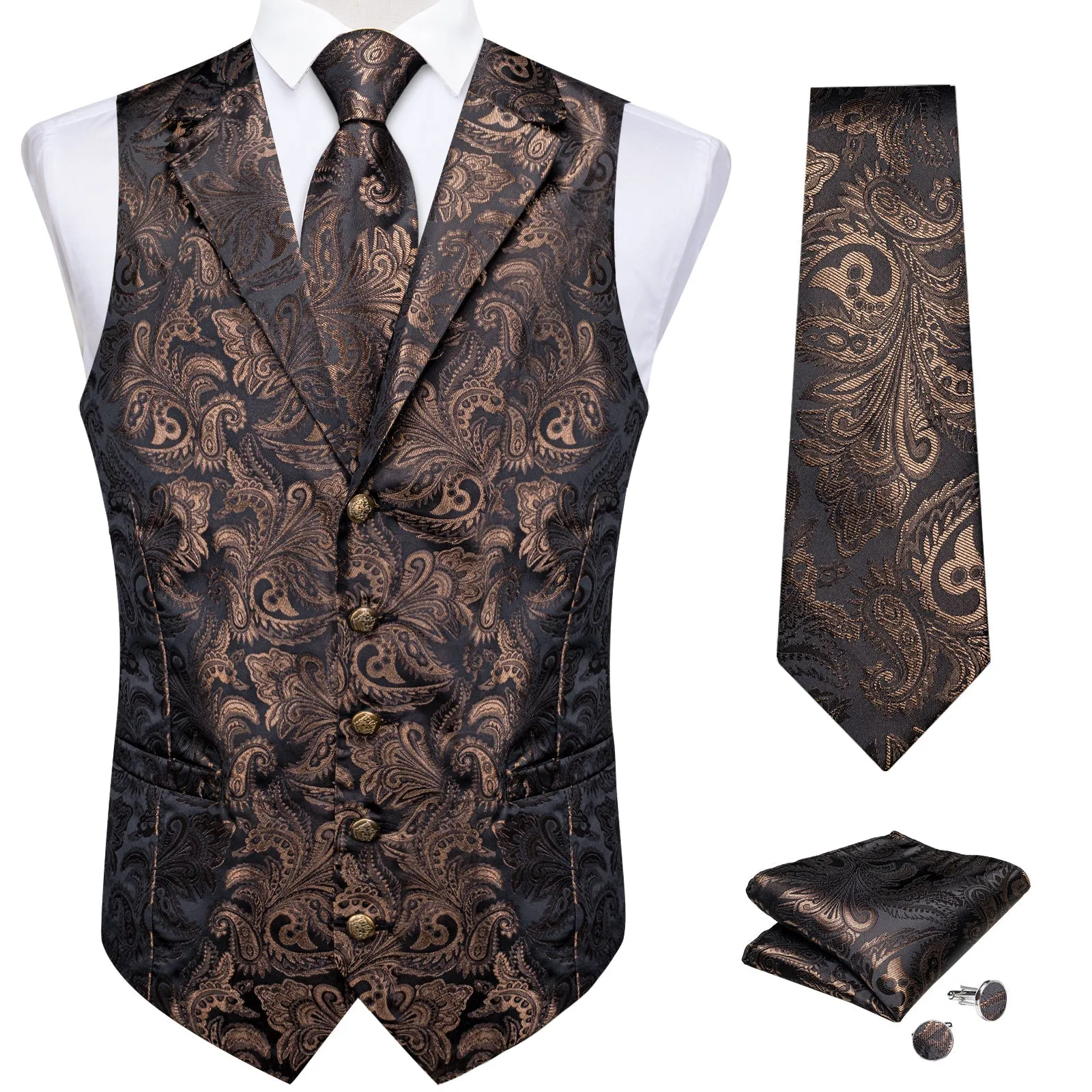 Dark Brown Paisley Men's Collar Vest Tie Hanky Cufflinks Set Waistcoat Suit Set