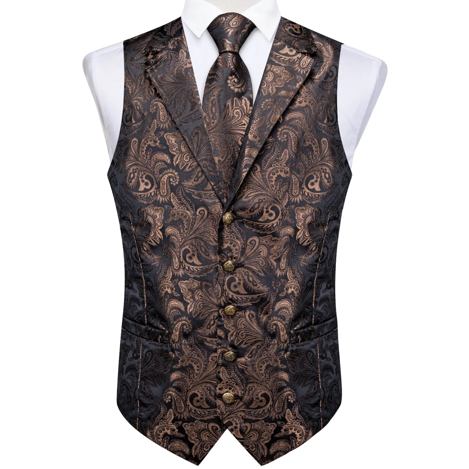 Dark Brown Paisley Men's Collar Vest Tie Hanky Cufflinks Set Waistcoat Suit Set