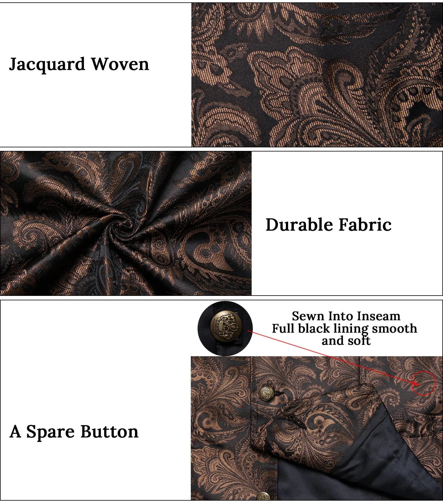 Dark Brown Paisley Men's Collar Vest Tie Hanky Cufflinks Set Waistcoat Suit Set