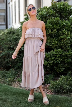 Darling Cuteness Taupe Tiered Strapless Midi Dress